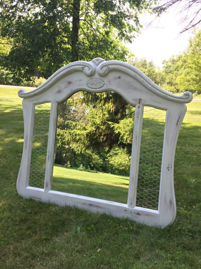distress painted repurposed farmhouse mirror