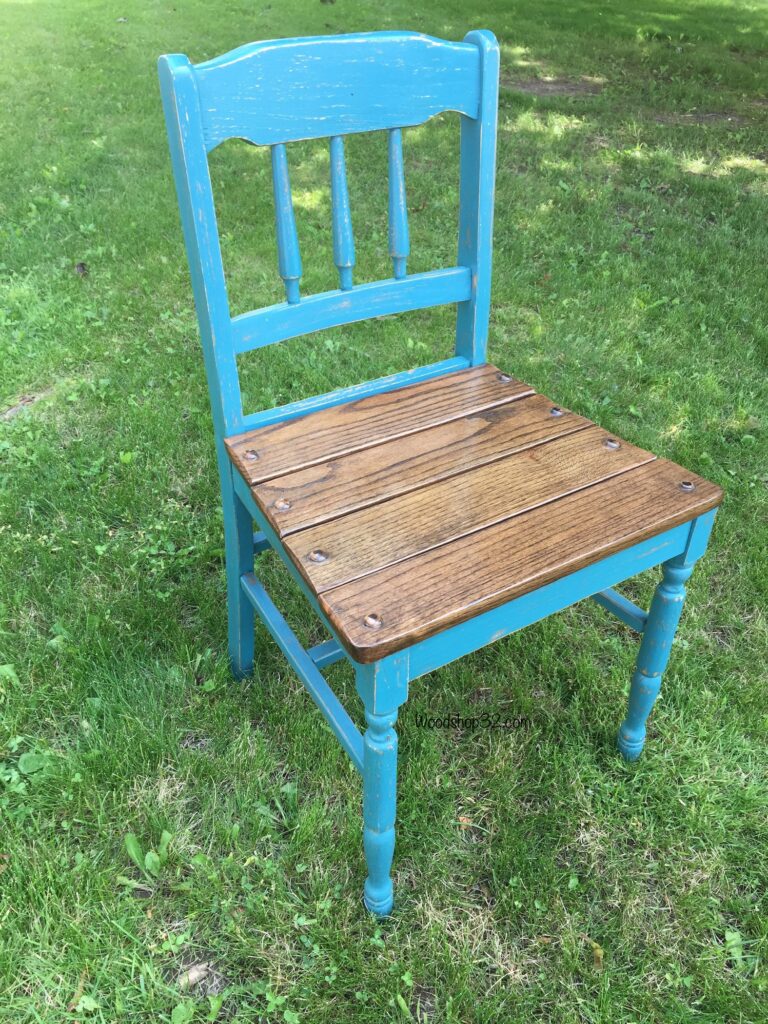 repurposed painted blue chair with wood plank seat