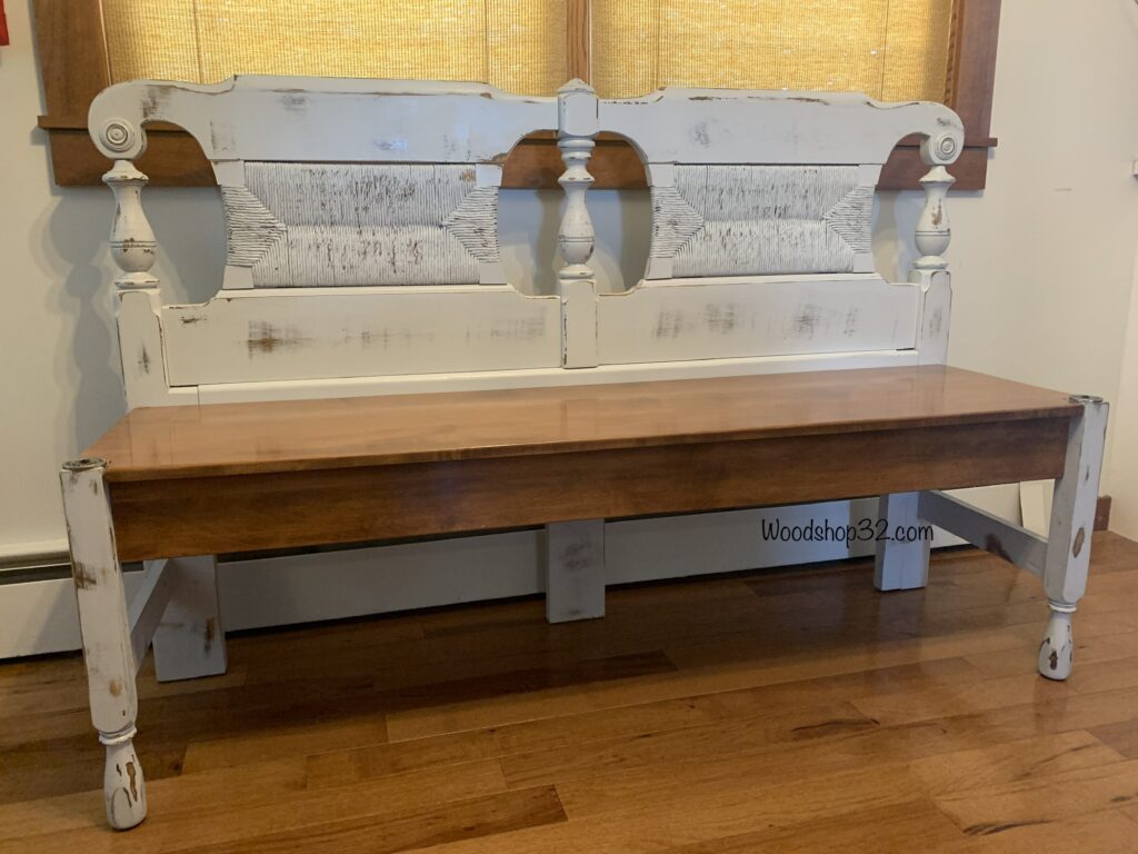 repurposed headboard bench with wood seat