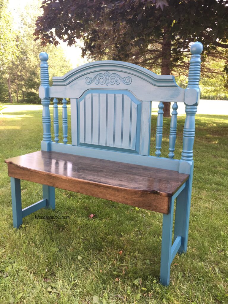 blue painted repurposed headboard bench with wood seat