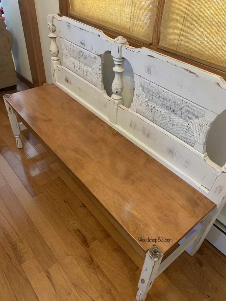 repurposed headboard bench with wood seat