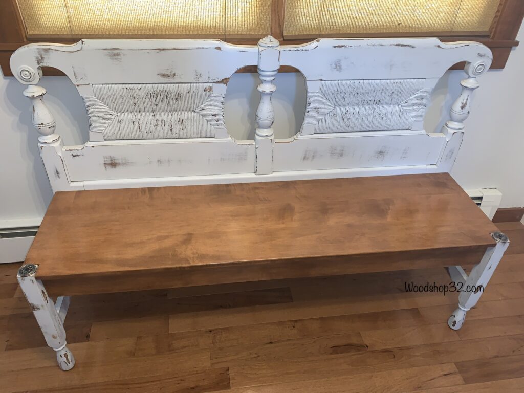 repurposed headboard bench with wood seat
