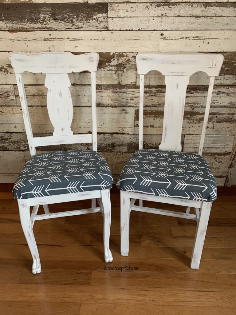 white distressed painted upholstered seats farmhouse chairs