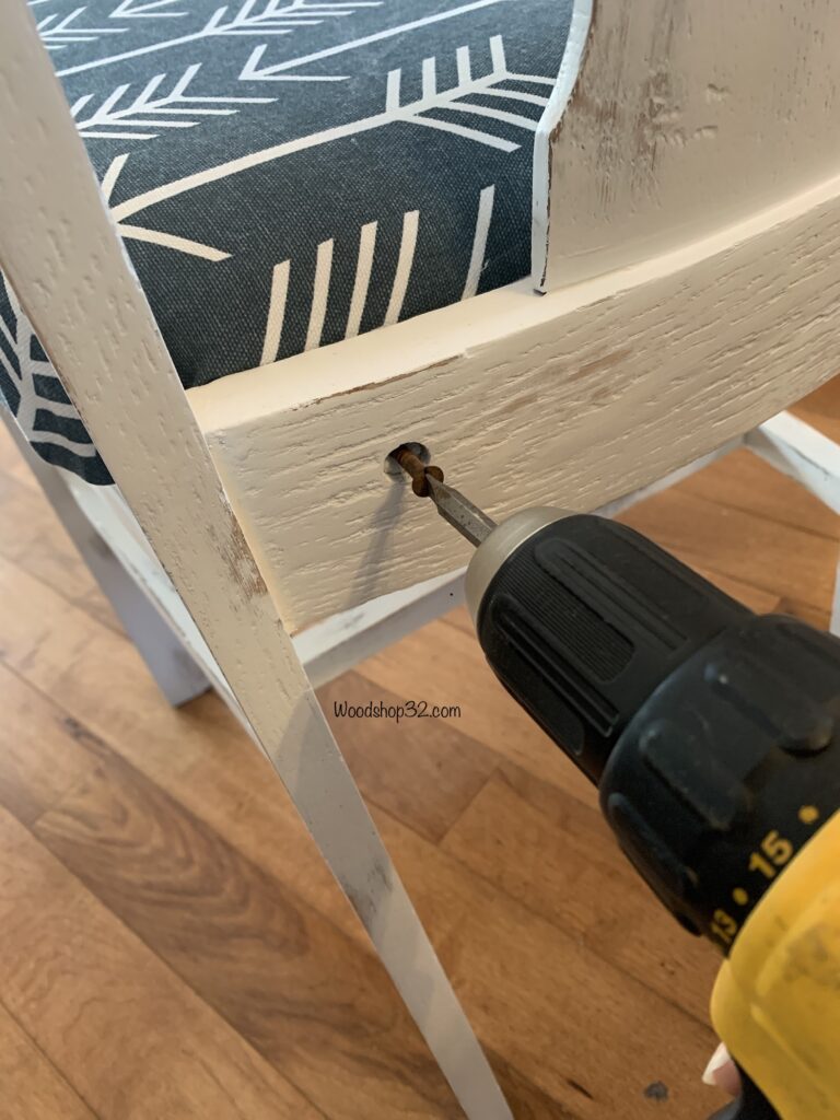 attaching upholstered seat to chair with cordless screwdriver