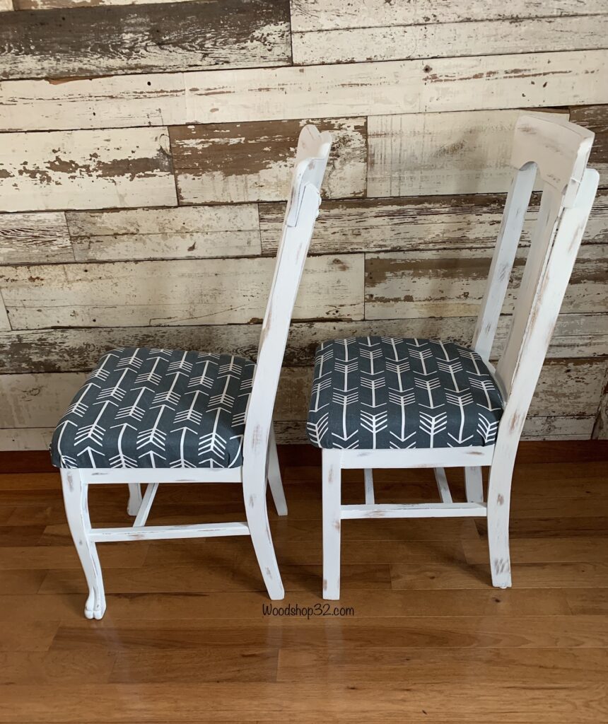 white distressed painted upholstered seats farmhouse chairs