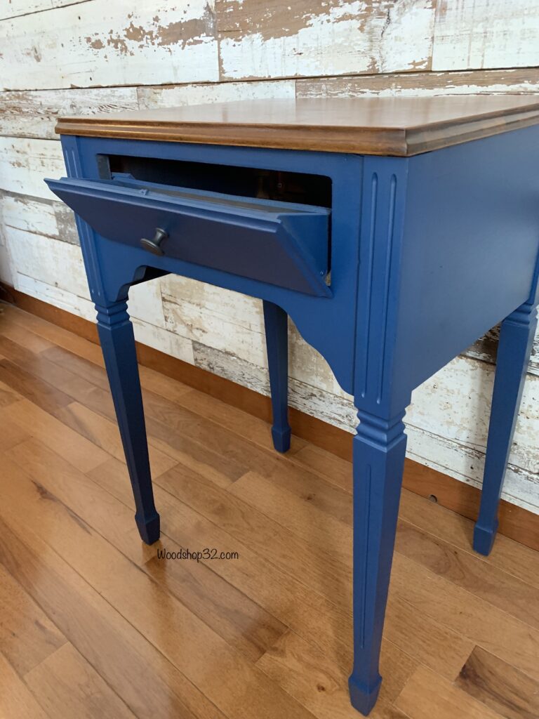 blue painted sewing table with drawer