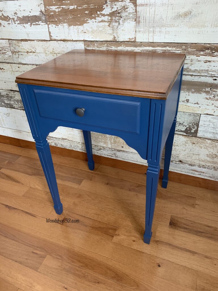 blue painted sewing table with wood top