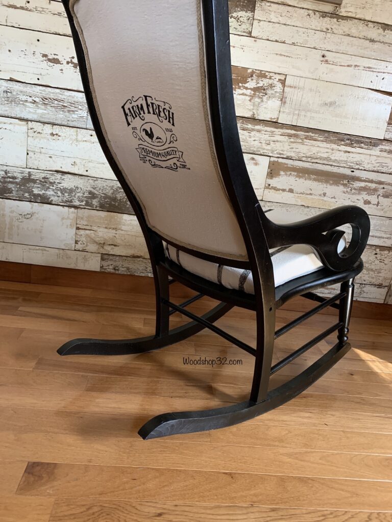 back view of repurposed vintage rocking chair with diy farmhouse upholstery