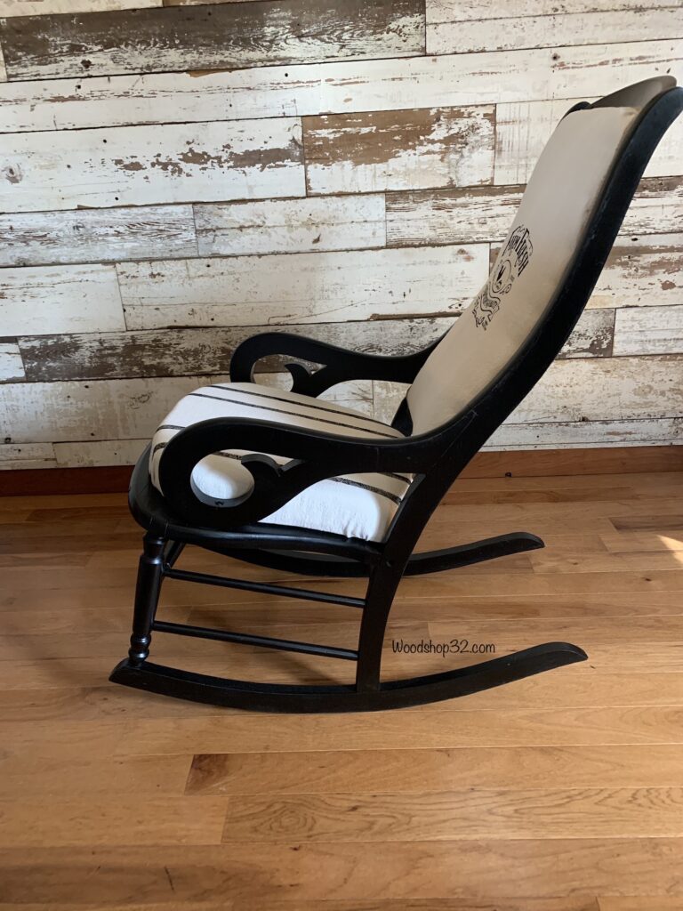 side view of repurposed vintage rocking chair with diy farmhouse upholstery