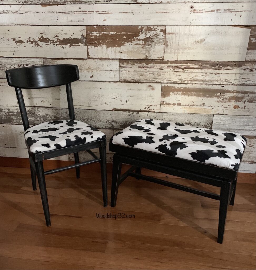 repurposed mid century modern ottoman and chair with faux cow print